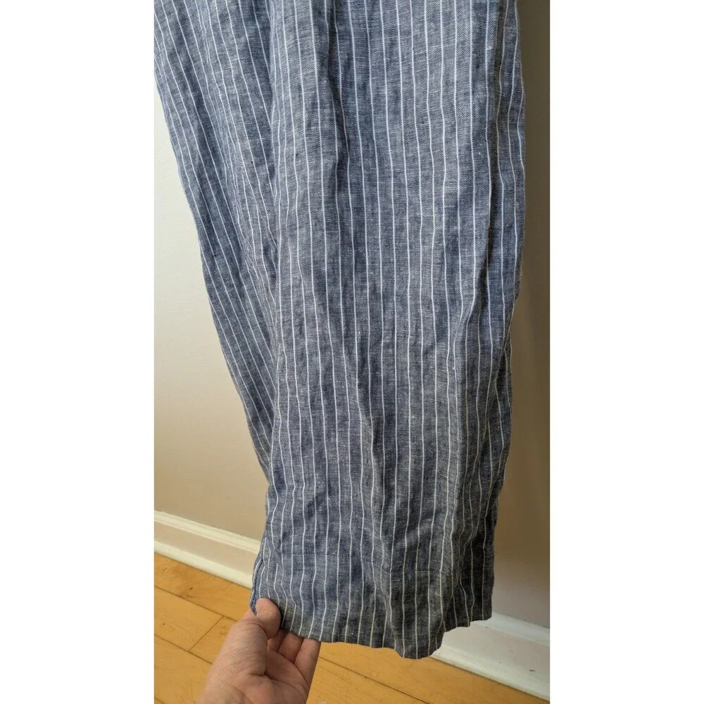 Quince 100% European Linen Square Neck Jumpsuit M Blue Stripe Wide Leg Relaxed